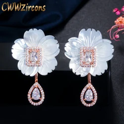 CWWZircons Natural Designer Shell Flower Cubic Zirconia Stone Big Long 585 Rose Gold Plated Drop Earring for Women Jewelry CZ624