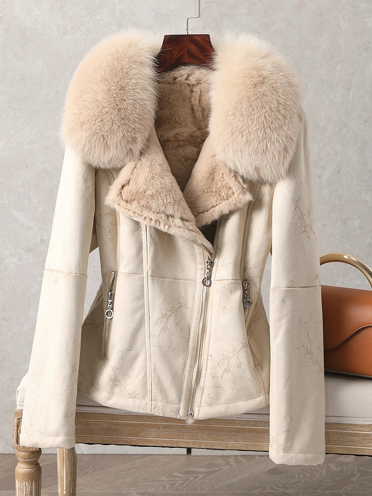 New Women Winter Sheep Leather Coat Lady's Real Rabbit Fur Jacket Leather Winter Jacket Warm fur Rabbit Fur Lining Fur Coat