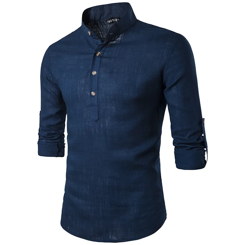 Euro Size Mens Linen Shirts Long Sleeve Button Down Solid Loose 2024 Spring Autumn Dress Henley Shirts Fashion Male Clothes