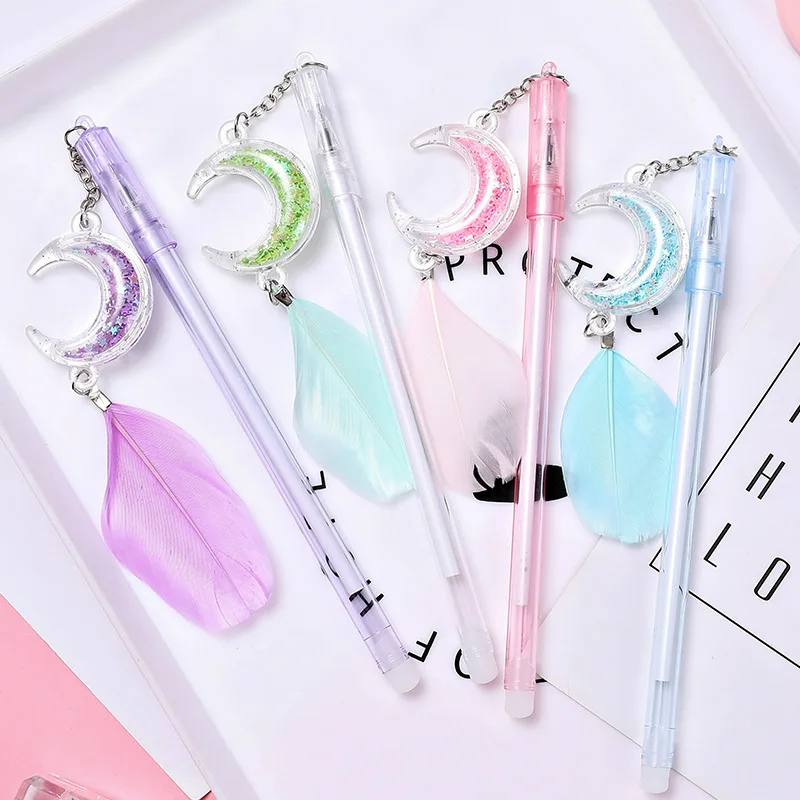 1 PC Cute Sequined Feather Pendant Gel Pen Creative Moon Pendant Student Signing Pen Korean Stationery Office Accessories