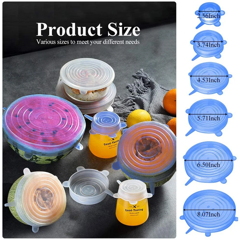 LMETJMA 6/12PCS Reusable Silicone Stretch Lids Kitchen Fresh Keeping Covers Compression Universal Silicone Stretch Lids KC0338