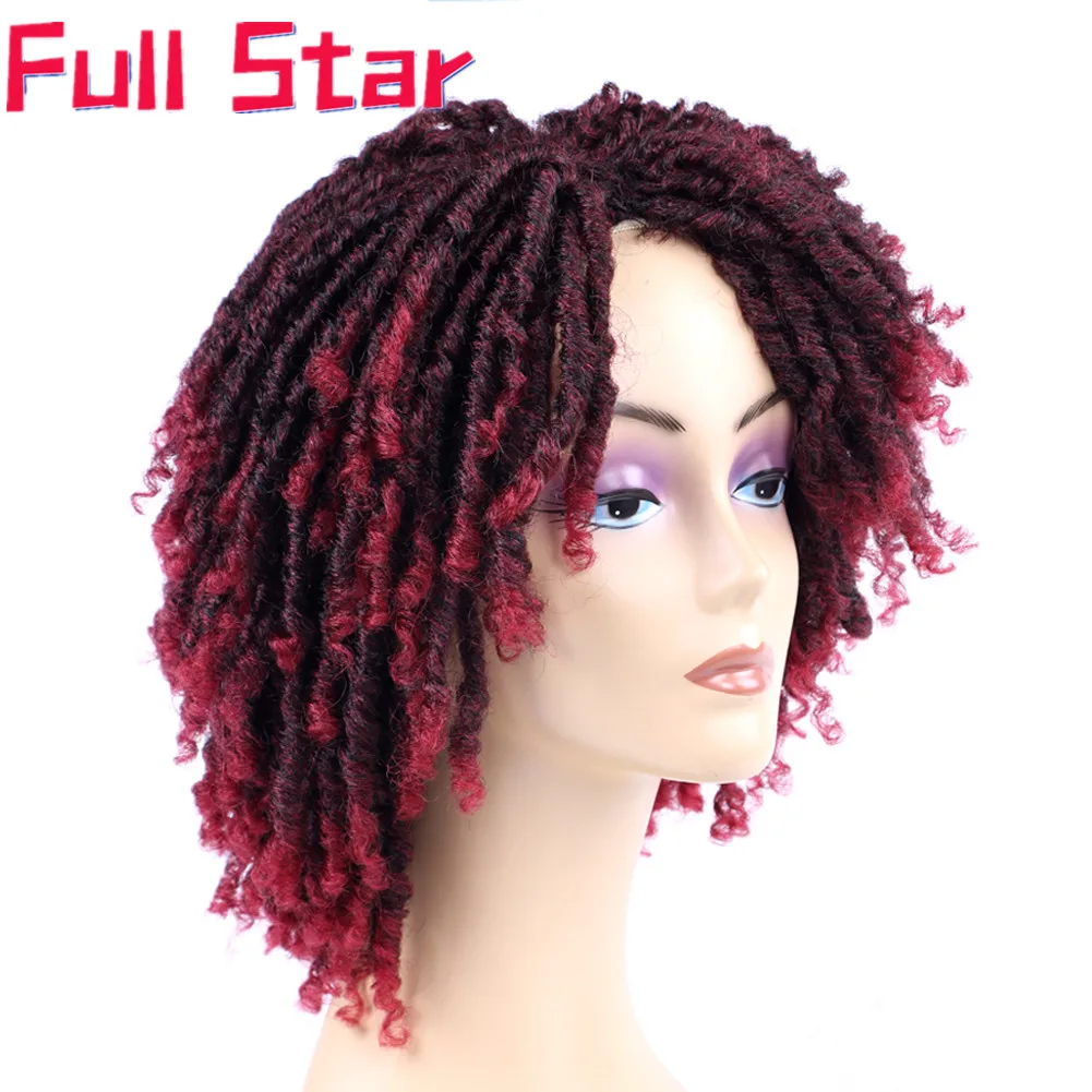 Full Star 14 inch Dreadlock Hair Wig for Black Woman Ombre Burgundy Brown Color Short Curly Soul Locs Braids Wigs