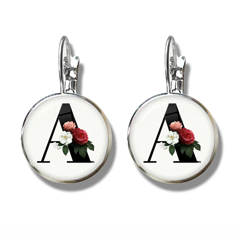 جديد بسيط A-Z 26 الإنجليزية الأبيض خلفية زهرة إلكتروني أقراط الأولي اسم إلكتروني تصميم زجاج دائري أقراط النساء #3