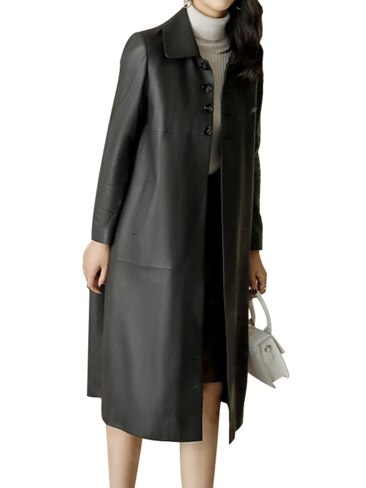 Veste en cuir noir pour femme, manteau ample en peau de mouton, trench long en cuir véritable, hauts de loisirs, printemps et automne, grande taille