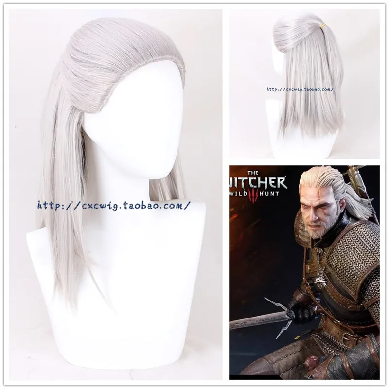 Peruca de Cosplay Masculina Geralt de Rivia, Cabelo Sintético Liso, Branco, Slivery, Festa, Romance, Jogo, Fantasia, Halloween, Boné de Peruca