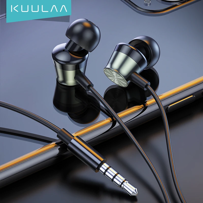 KUULAA Earphone 3.5mm In-Ear Wired Earphones With control Sport Speaker Metallic Stereo Earbuds For iPhone Samsung Xiaomi Huawei