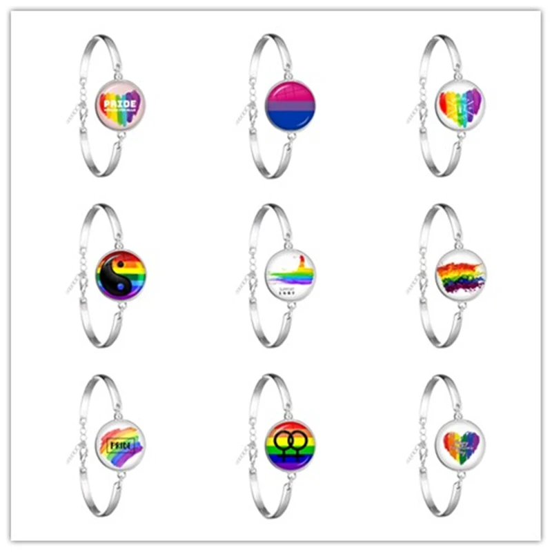 LGBT سوار بي فخر 18 مللي متر الزجاج كابوشون Gay فخر قوس قزح العلم صورة سلسلة الإسورة مجوهرات للنساء الرجال عشاق هدية