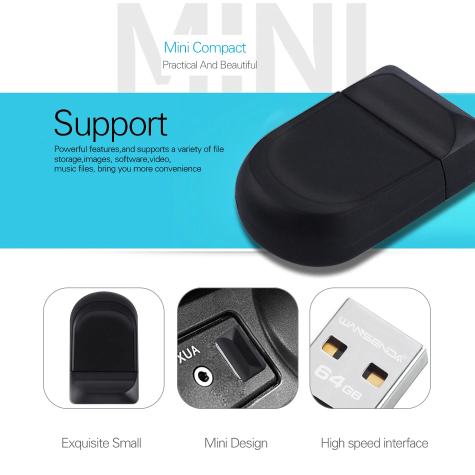 WANSENDA-Mini USB Flash Drive, Memory Stick, Pen Drive USB 2.0, 8GB, 16GB, 32GB, 64GB, 4GB, Hot