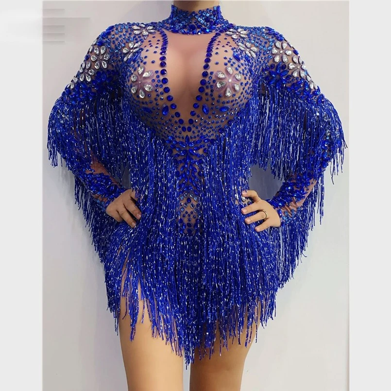 Silver Rhinestones Transparent jumpsuit Blue Bodysuit Birthday Celebrate Long Sleeves Dance Bar Women Singer stage costume