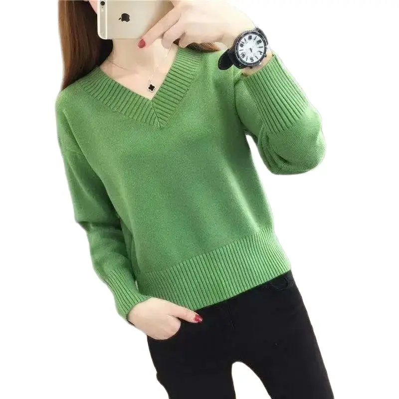 Women's Sweaters And Pullovers Spring Fall Long Sleeved V-neck Full Femme Solid Pullover Female Casual Knitted Sweater Coat Q80