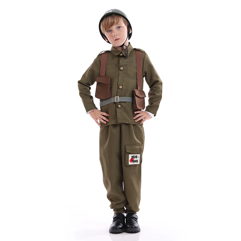 Costume de soldat de l'armée pour enfants, cosplay d'Halloween unisexe pour garçons, uniforme militaire de la seconde guerre mondiale, imbibé de chapeau, habillage