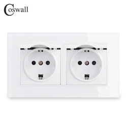 Coswall Glass Panel Wall Double Socket Grounded With Waterproof Lid EU Russia Spain France Outlet With Children Protective Lock