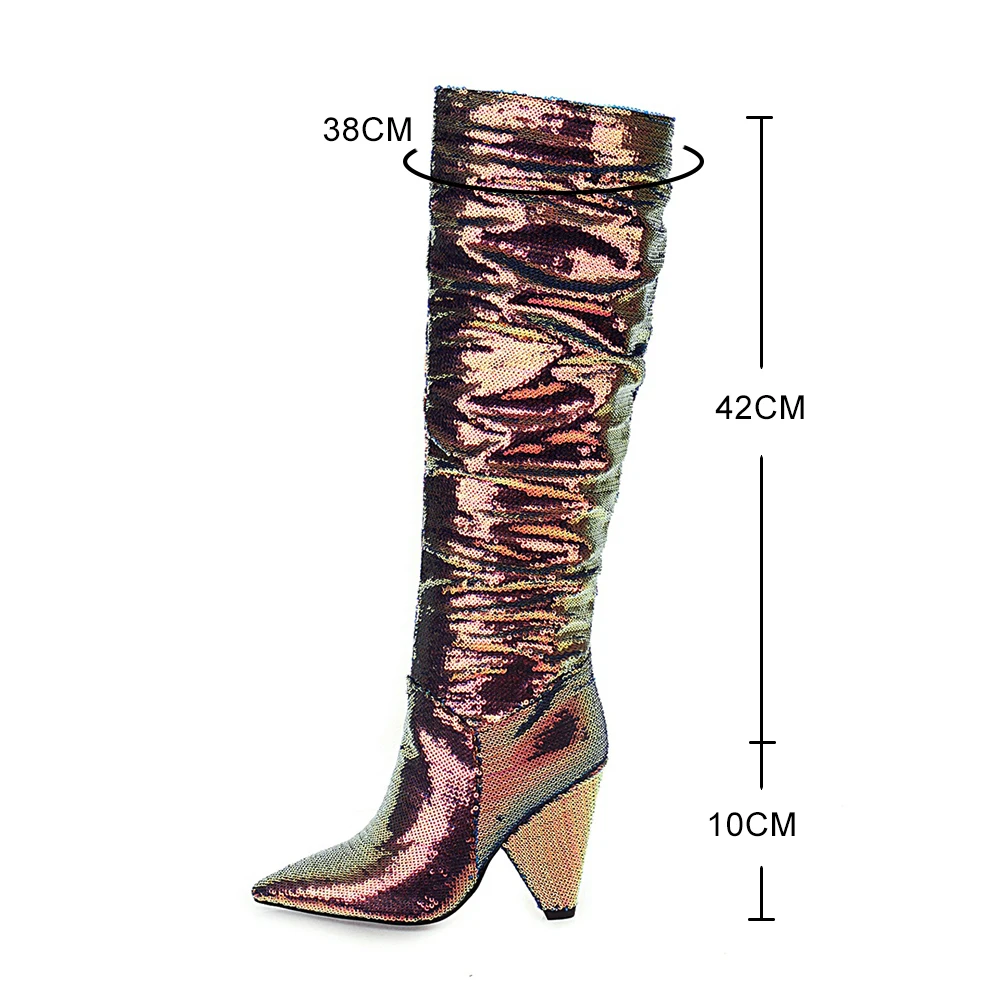 Slouch zmarszczek kobiet buty kolorowe szpiczasty nosek grube obcasy fałdy buty kobieta modne Bling skórzane buty do kolan buty zimowe