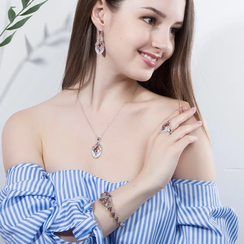 ThreeGraces Natural Light Yellow Cubic Zirconia Silver Color Unique Necklace and Earrings Ring Set Ladies Party Jewelry JS516