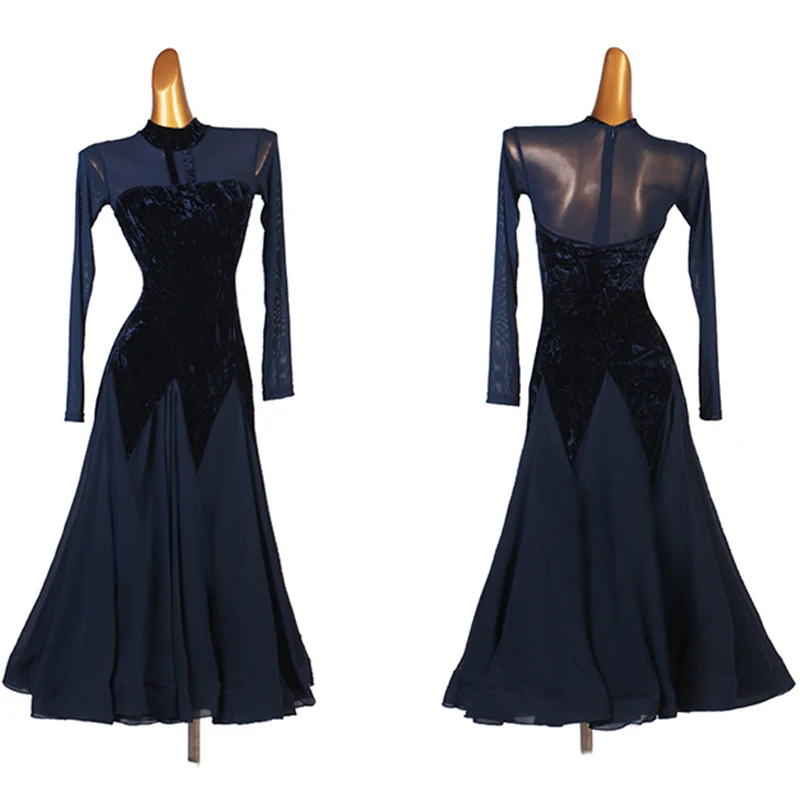 Vestidos de salón de terciopelo azul para mujer, vestido Sexy de mangas largas para baile de Vals, gran Swing, trajes de baile de competición de salón