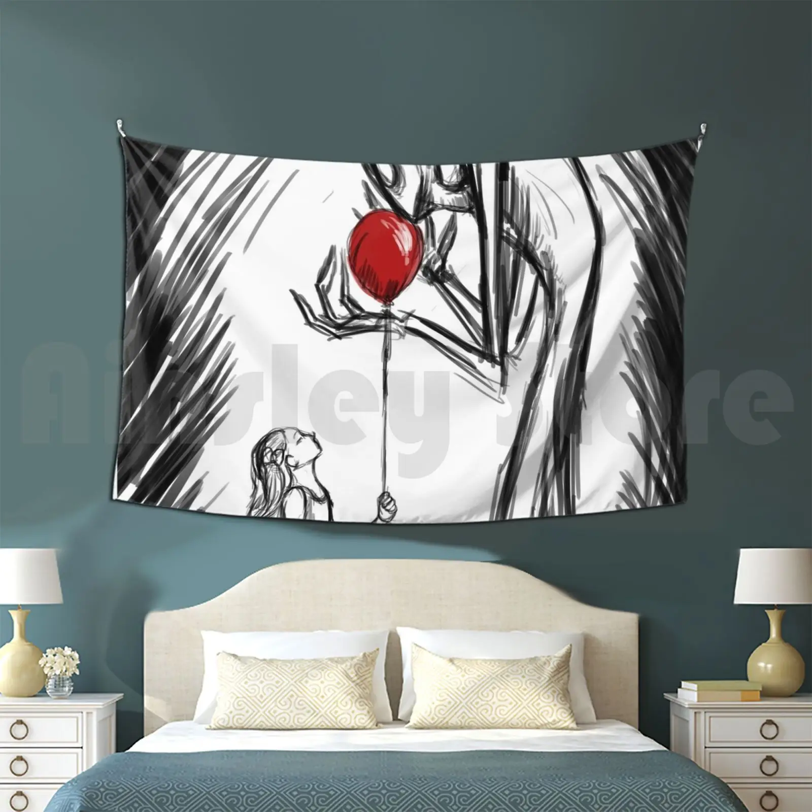 The Gift Tapestry Living Room Bedroom Ink Black White Red Balloon Girls Monster Slender Tall Creepy Boney Sketch Sketchy