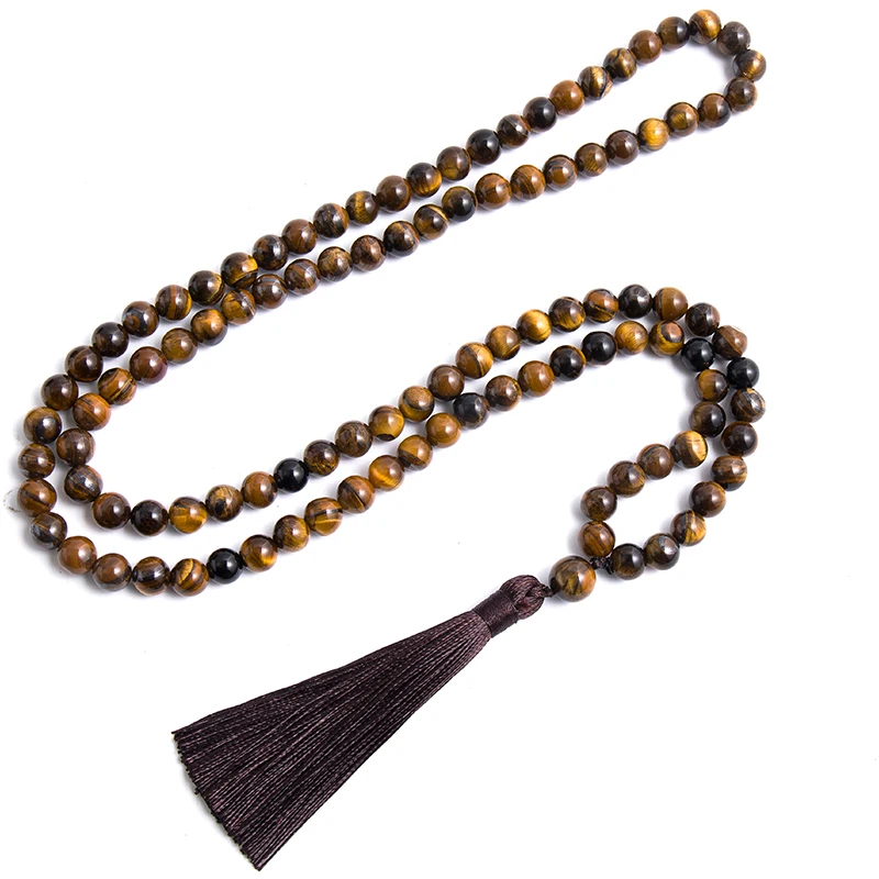 Colar de ônix preto com olhos de tigre amarelo natural para homens e mulheres, joias para meditação, 108 conjuntos de pulseiras japa mala, 8mm