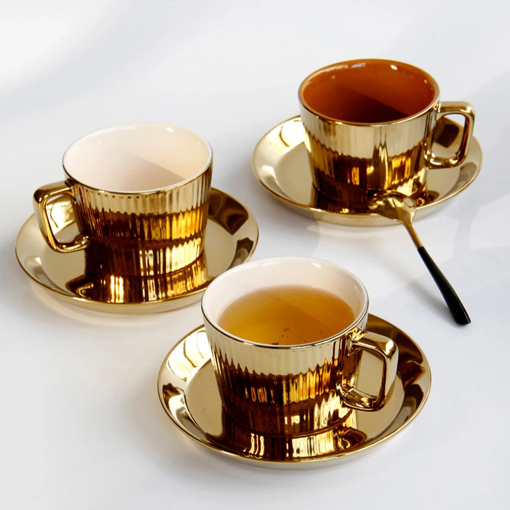 250ml Gold Plated Saucer Set Ceramic Tea Coffee European Style Espresso Office Tumbler Cup Picnic Birthday Wed Anniversary Gift