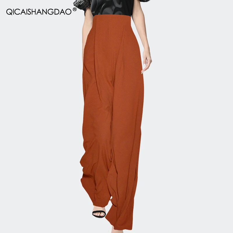 2021 Spring Summer New Pumpkin Color Womens Wide Leg Pants High Waist Straight Loose Long Trousers Female Casual Office Bottoms