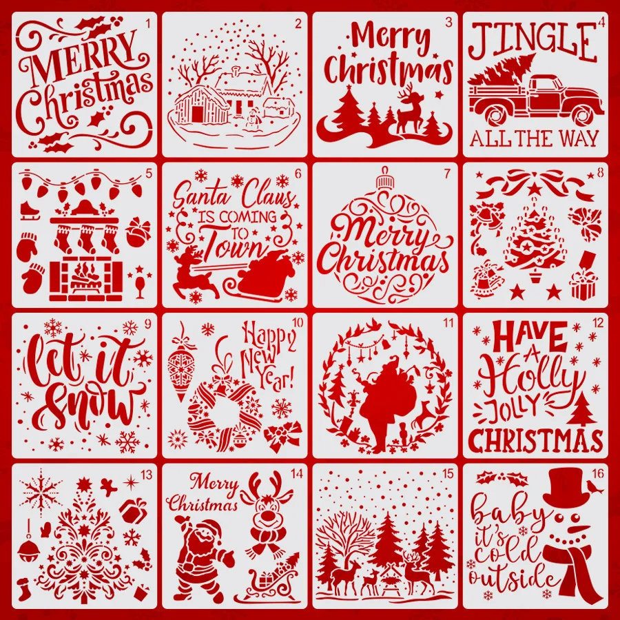 16Pcs/Set 15cm Christmas Santa Clause DIY Layering Stencils Wall Painting Scrapbook Coloring Embossing Album Decorative Template