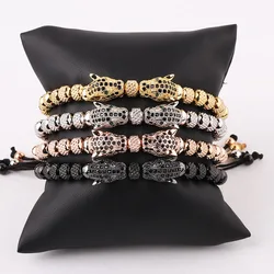 Classic Design Stainless Steel Beads CZ Pave Leopard Handmade Macrame Friendship Bracelet Men Jewelry Gift
