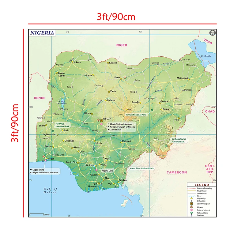 90*90cm Die Nigeria Karte Unframed Leinwand Malerei Wand Kunst Poster und Drucke Klassenzimmer Liefert Wohnzimmer Hause decor