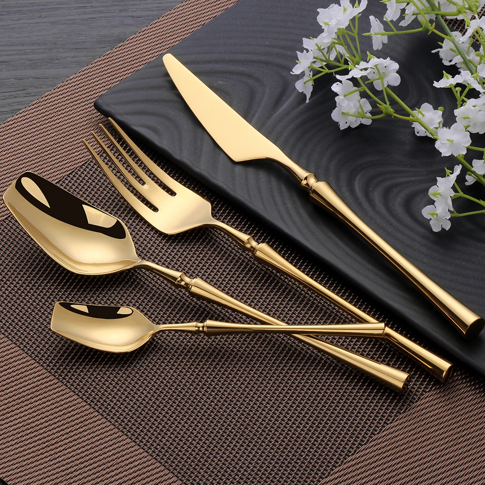 4/24Pcs Golden Cutlery Sets Matte Complete Stainless Steel Dinnerware Set Mirror Black Tableware Kitchen Knives Spoons and Forks