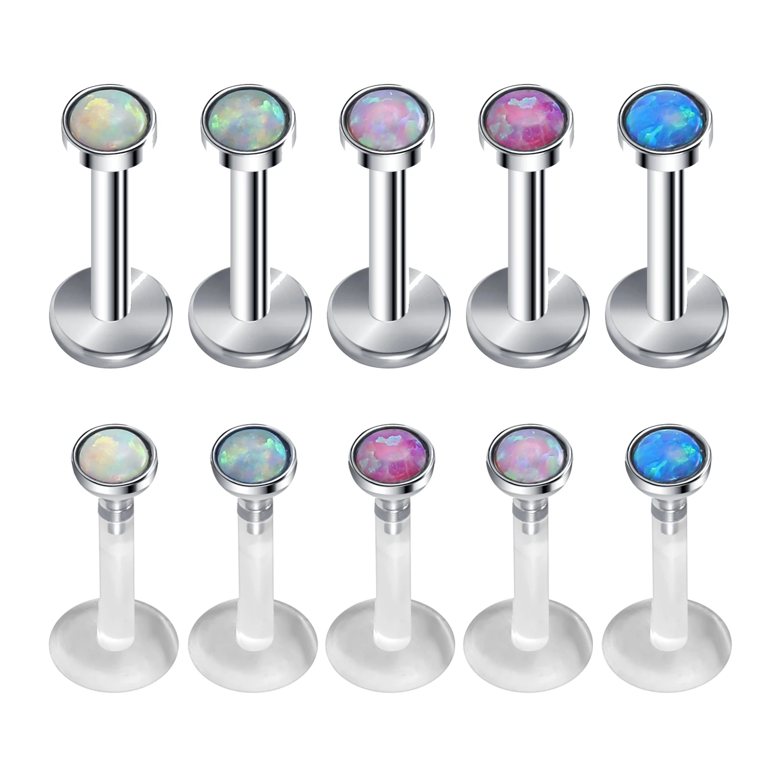 ZS 16G Blue Purple Opal Stone Lip Studs for Women Stainless Steel Labret Piercing Acrylic Lip Ear Helix Tragus Piercing Jewelry