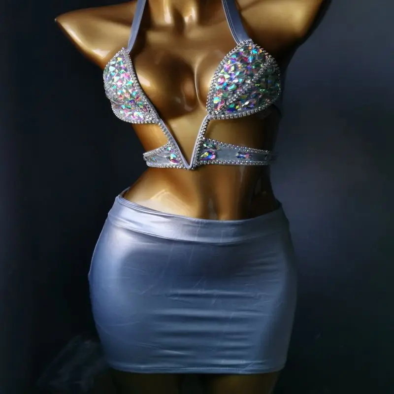 

7 Color Luxury Bikini Set Women Bling Diamante Carnival Bra Crop Top Crystal Skirt Rave Festival Burning Man Outfit Club Wear