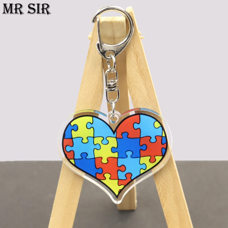 Autism Awareness Cartoon Keychain Ribbon Puzzle Love Help Raise Autism Awareness Theme Fashion Acrylic Key Chains Cute Key Rings