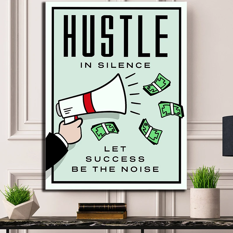 Hustle in Silence, deje que el éxito sea el ruido minimalista, lienzo monopolínicamente, imprime imágenes, pinturas modulares, p