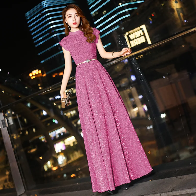 Luxury Sequins Young Lady Pleated Dress Cheongsam Round Neck With Lace Evening Party Gown Sexy Novelty Vestidos Prom Dresses