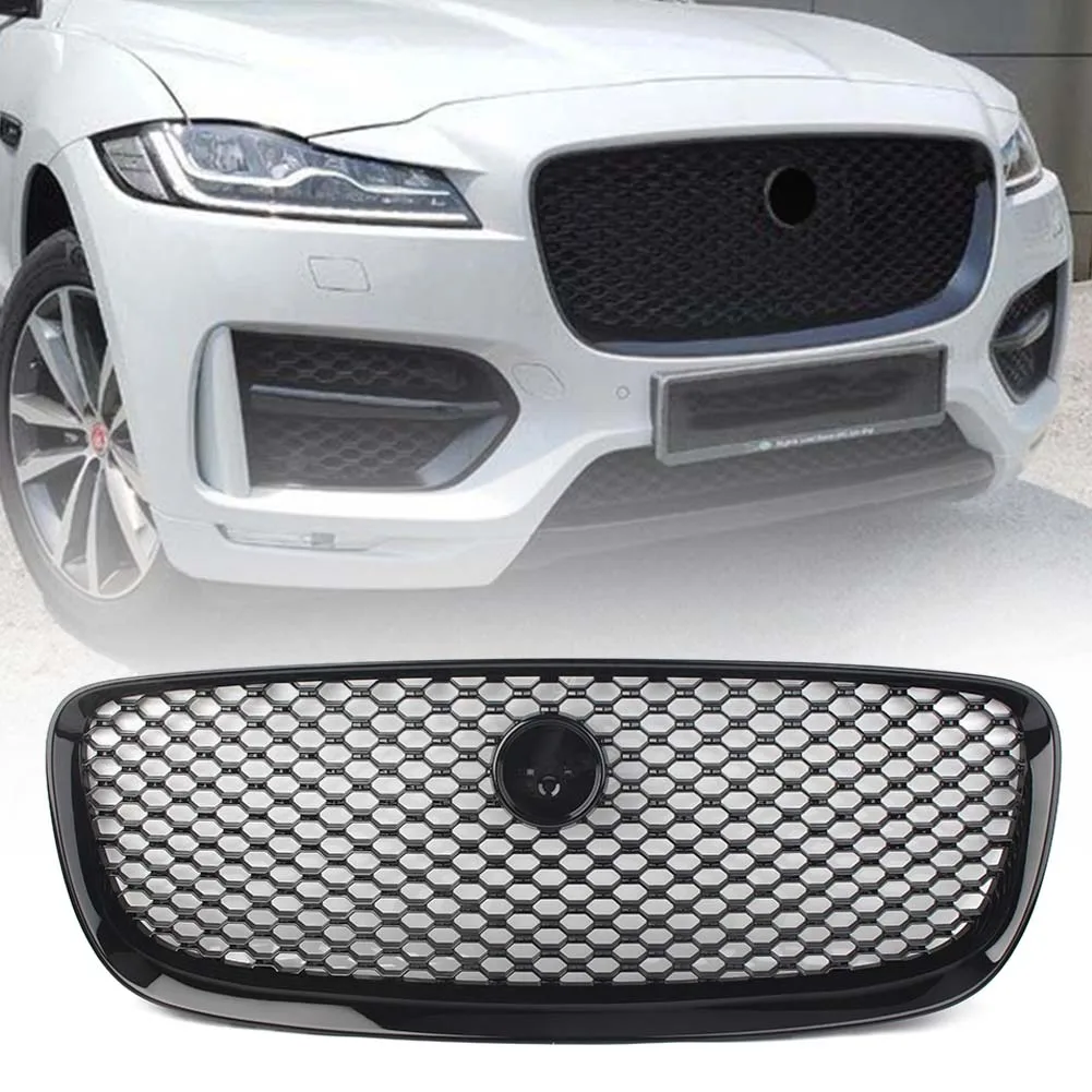 For 2016 2017 2018 2019 Jaguar F-PACE Car Front Upper Vent Grille Gloss Black Mesh Radiator Grill with Red Logo