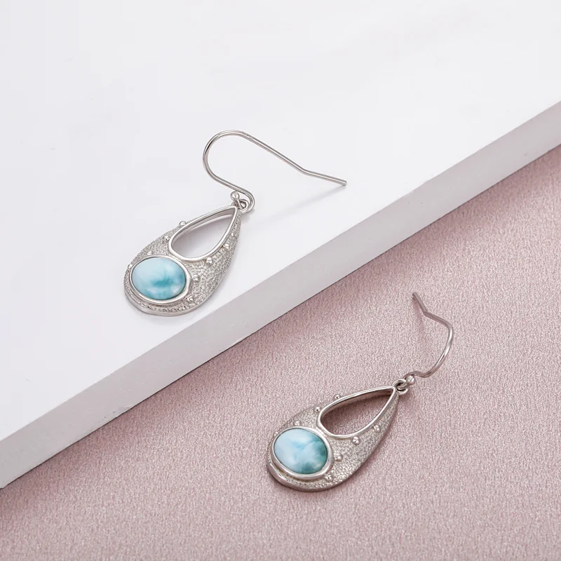 925 Sterling Silver Jewelry for Women Larimar Earring New Fashion Natural Precious Texture Restoring Ancient Ways Rhodium Plated