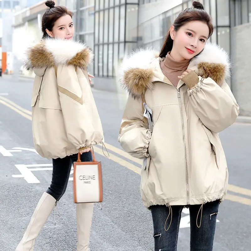 Winter Parkas Women's Nice Pop Korean Fur Collar Hooded Thicken Down Cotton Jacket Female Casual Warm Cotton Padded Jackets