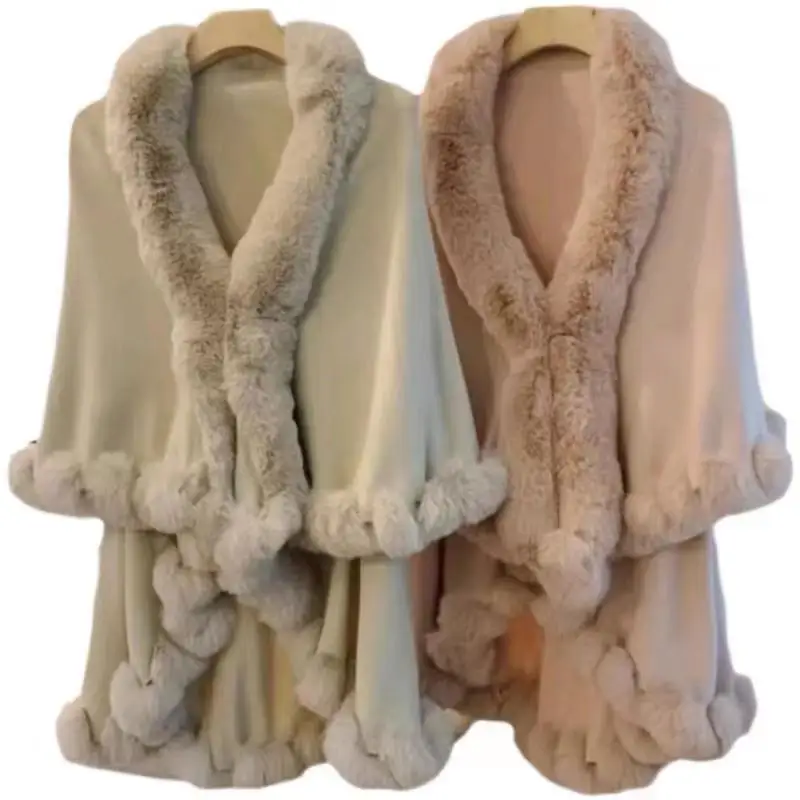 9 Colors Women 's Winter Warm Loose Shawl Coat Faux Rabbit Fur Neck Poncho Oversize Capes Long Cardigan 2 Layers Thick Cloak