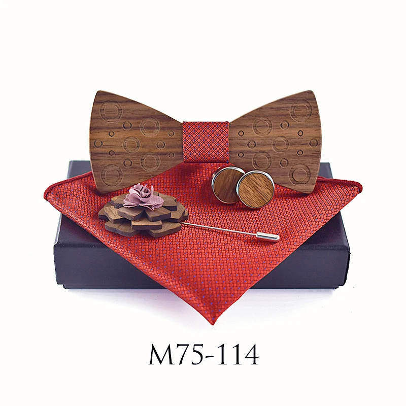 Pocket square Brooch Gravata Tie Hanky Cufflink Sets Wooden bow tie Ties for Mens Business Wedding Walnut Wood Laser Engraving