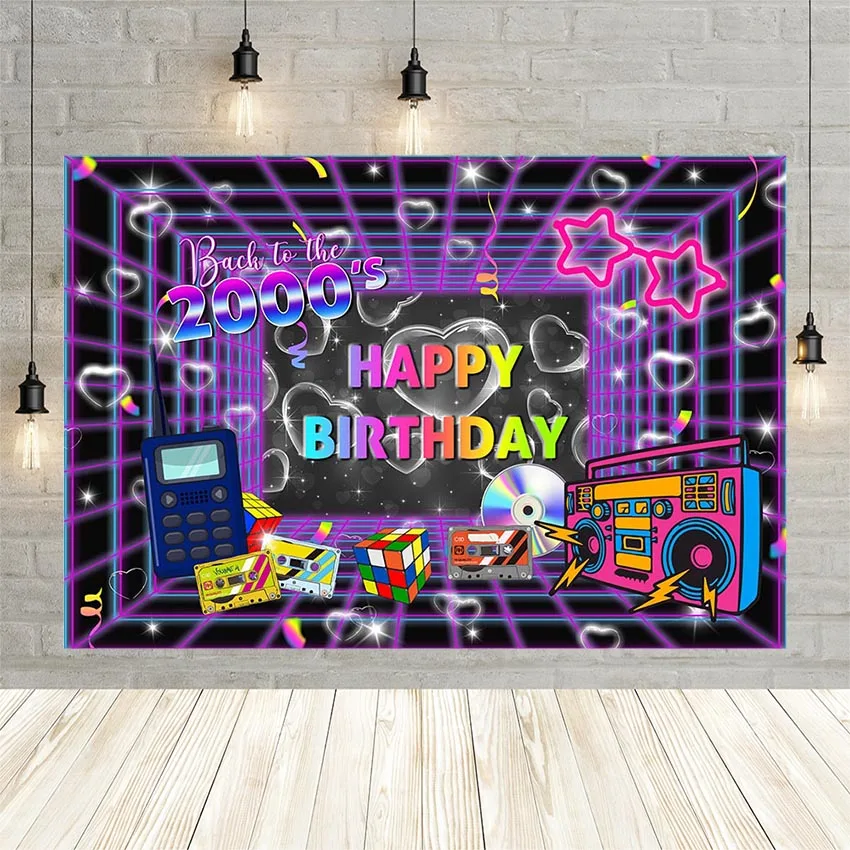 

Avezano Back to Early 2000s Background For Photography Hip Hop Neon Hearts Radio Birthday Party Backdrop Banner Photo Studio