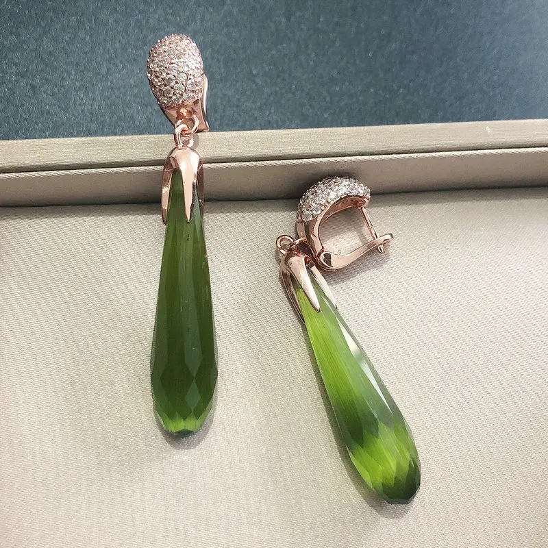 Rose Gold Color Green Crystal Earrings