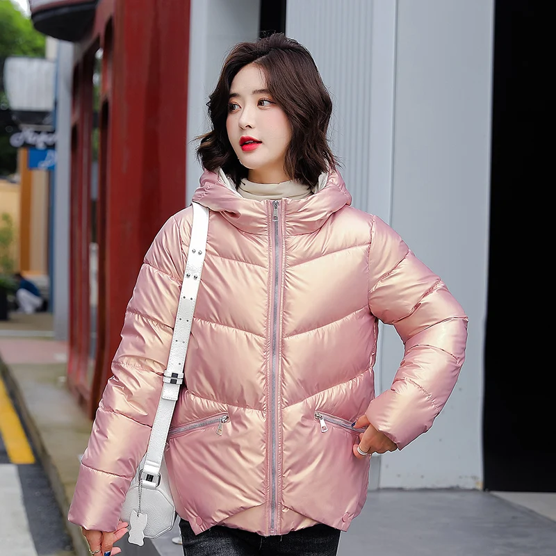 

Women Glossy Hooded Winter Short Jacket Casual Cotton Padded Parkas for Female Plus Size Thick Warm Zipper Bubble Coat Outwear