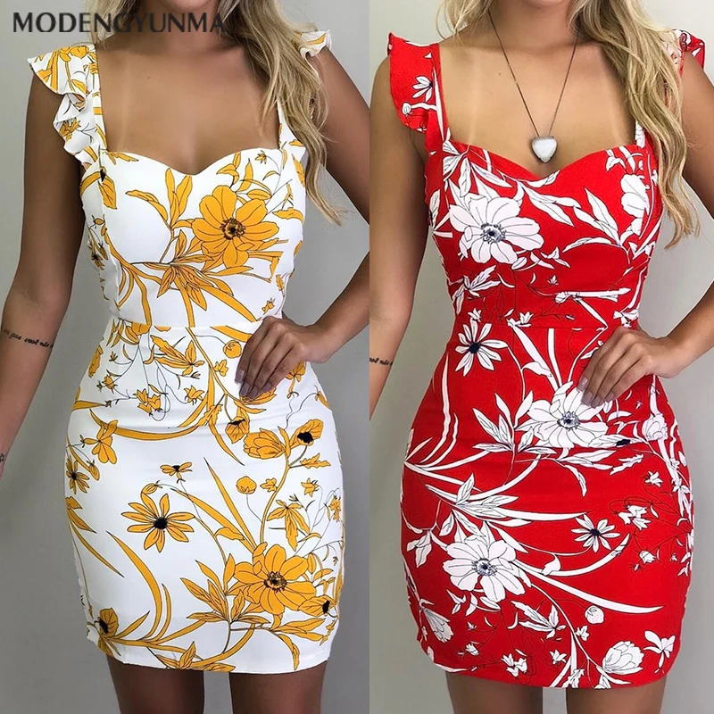 

Ladies Dress New Fashion Bohemian Women Summer Casual Short Sleeve V Neck Bodycon Yellow Evening Party Print Short Mini Dress