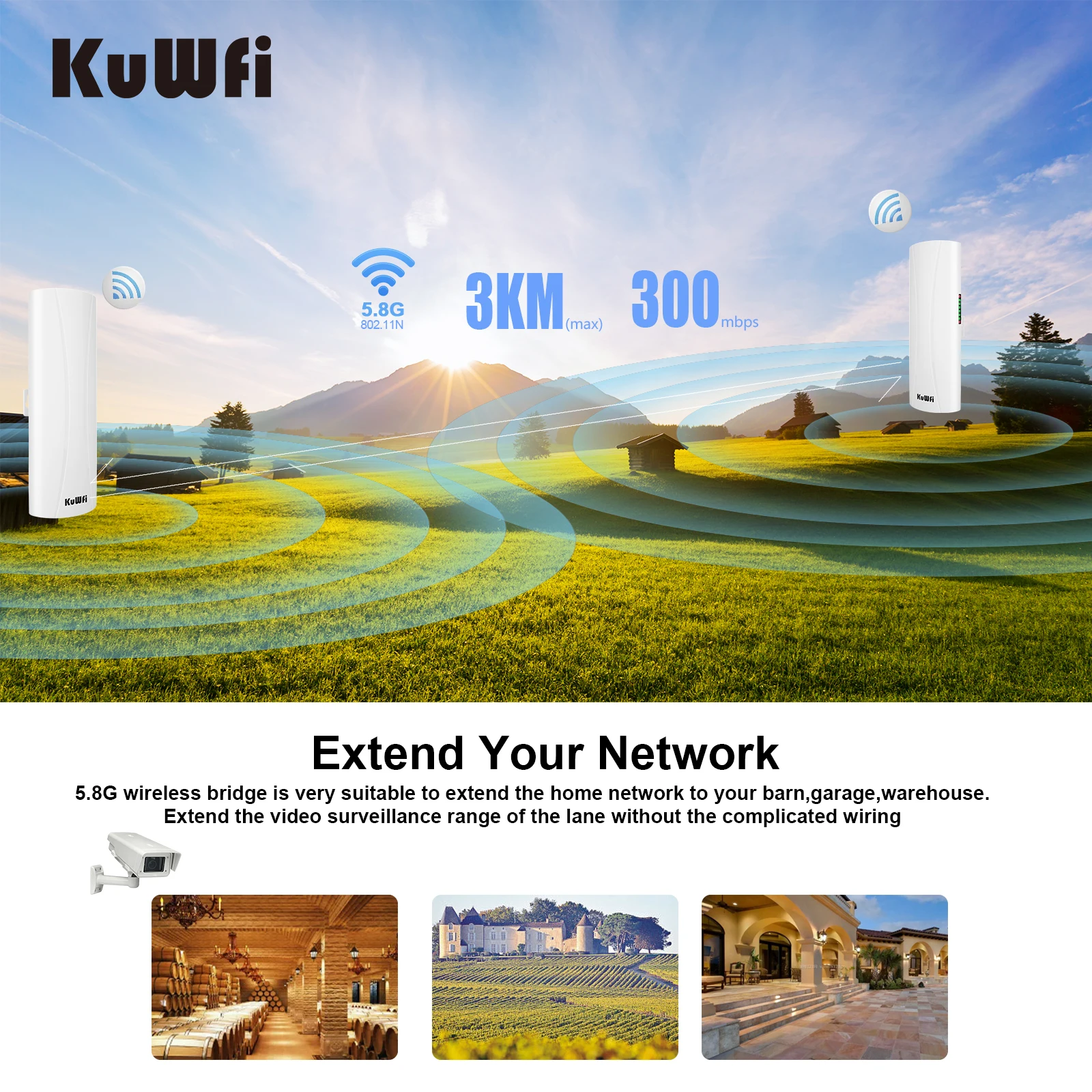 KuWFi Wireless Bridge Router Outdoor 5.8G 1-3KM Long Range Wifi Repeater 300Mbp Wireless Access Point14dBi Wifi Signal Amplifier