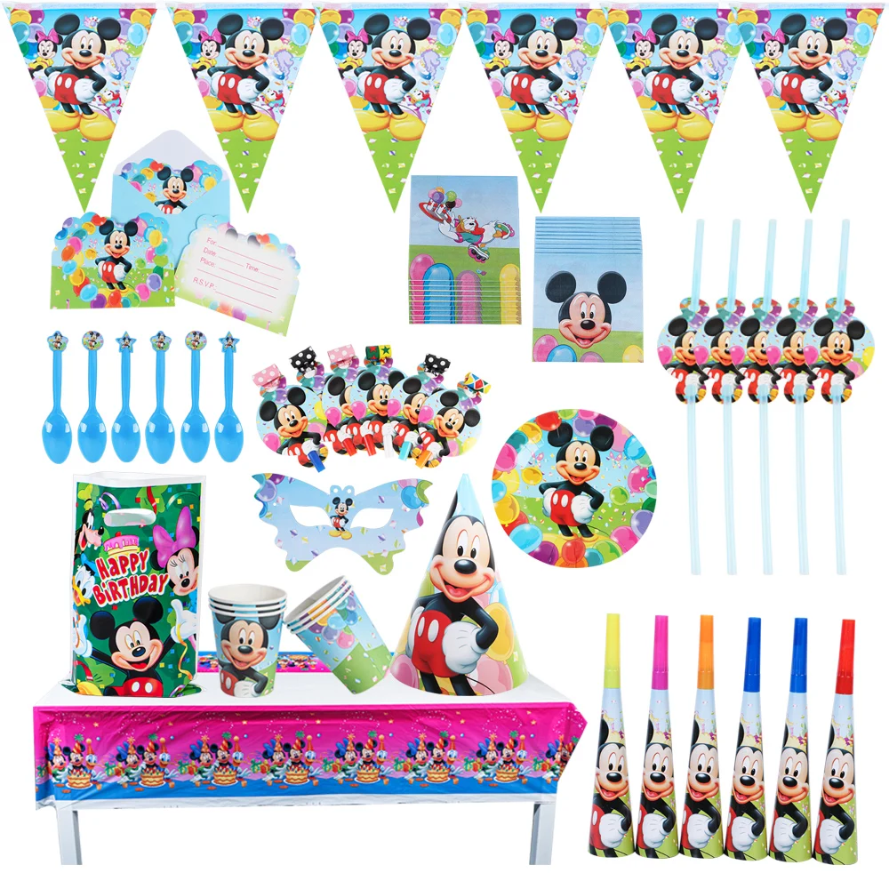 

New Disney Mickey Mouse Children Birthday Hat Party Cake Decoration Plates Napkin Fork Disposable Tableware Baby Shower Supplies