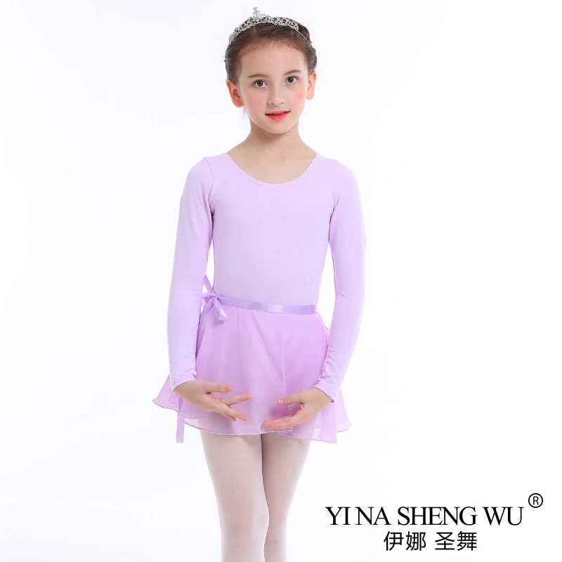 Girls Ballet Leotard Dancewear Cotton Long Sleeves Ballet Dance Skirt Gymnastics with Chiffon Set Ballerina Clothing 5 Colors