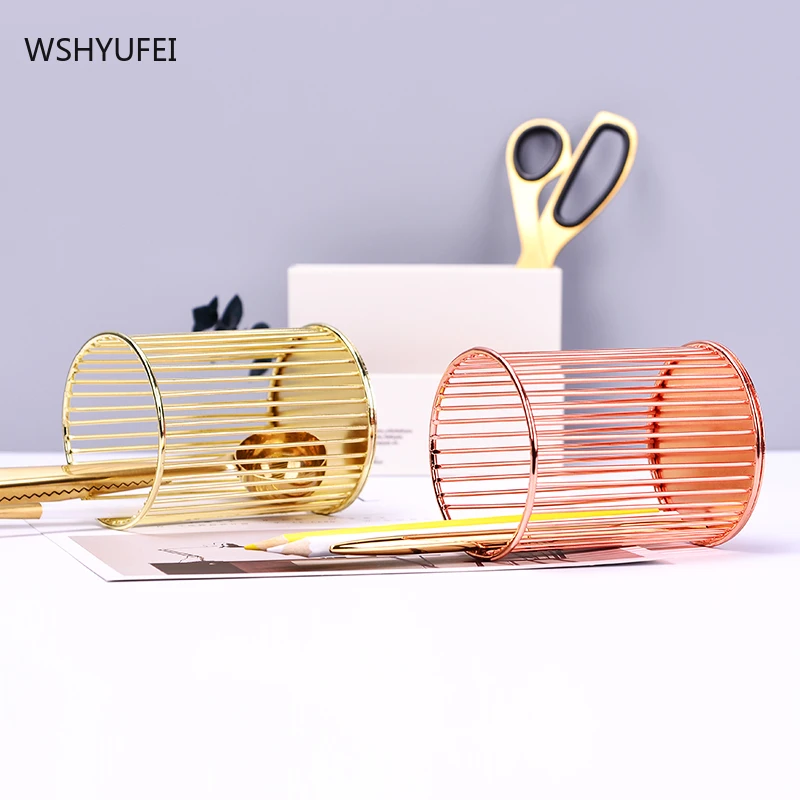 WSHYUFEI Golden storage tube cosmetic storage bucket jewelry decoration pen holder makeup brush storage box home office supplies