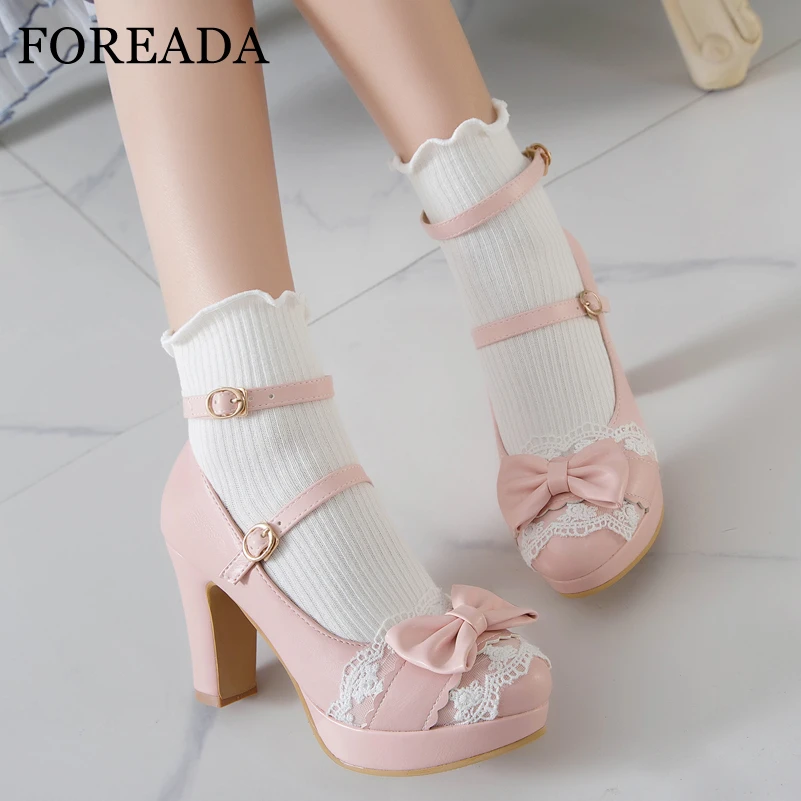 FOREADA Woman Lolita Style Buckle Shoes Platform Block High Heels Pumps Bow Round Toe Ankle Strap Lady Pumps Spring 34-43 Pink