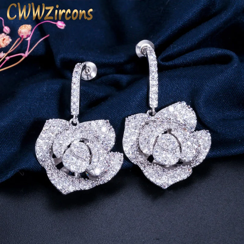 

CWWZircons Fashion Brand Women Jewelry Cubic Zirconia Setting Large Flower Stud Earrings Art Deco Party Prom Accessories CZ246