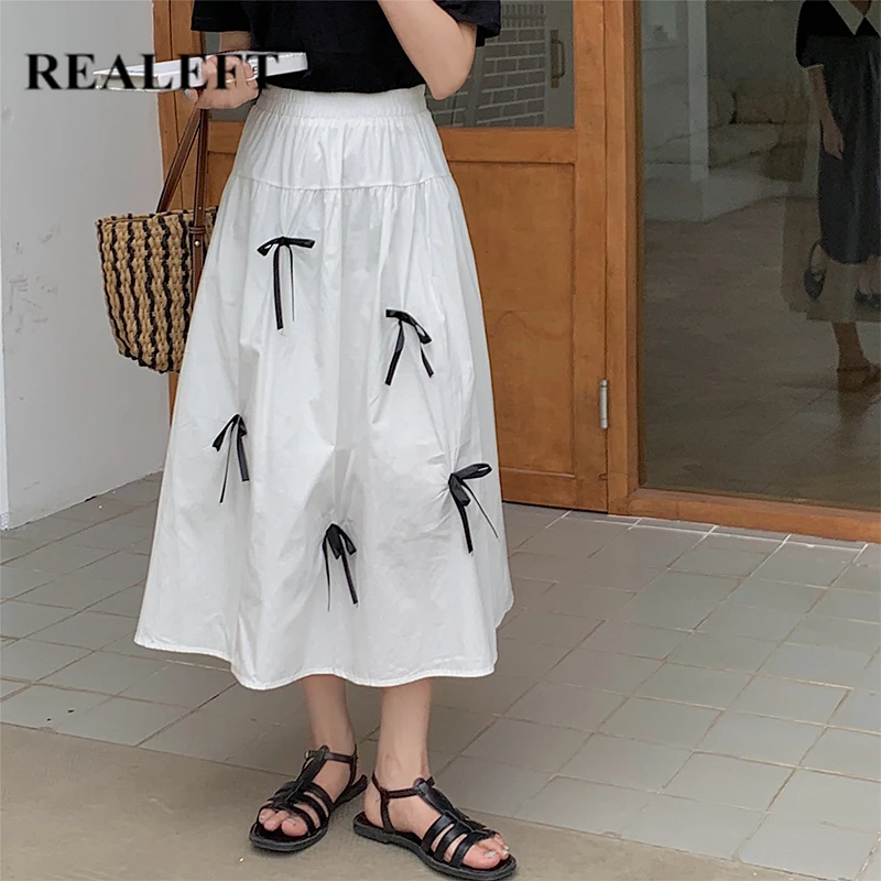 

REALEFT 2021 New Summer Cotton Women's Long Skirts Bow White Female High Waist A-Line Umbrella Casual Korean Style Skirts Lady