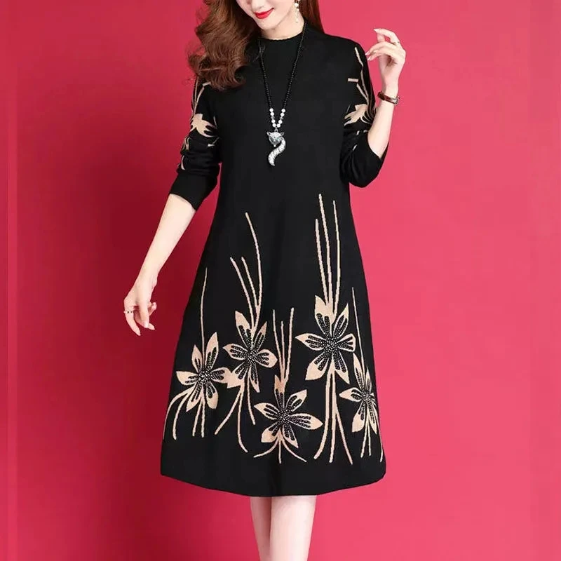 

High-End Round Neck Knitted Dress Women's Autumn Winter 2022 New Printing Loose Pullover Sweater Dress Spring Pullover Red