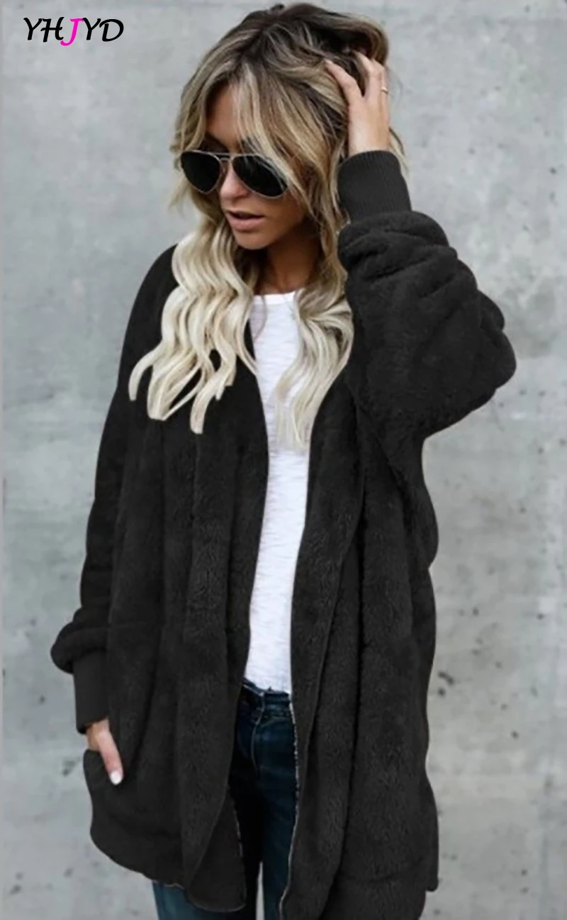 Faux Bontjas Vrouwen 2022 Herfst Winter Warm Soft Lange Fur Jacket Uitloper Pluche Overjas Pocket Toetsenloze Vest Met Kap